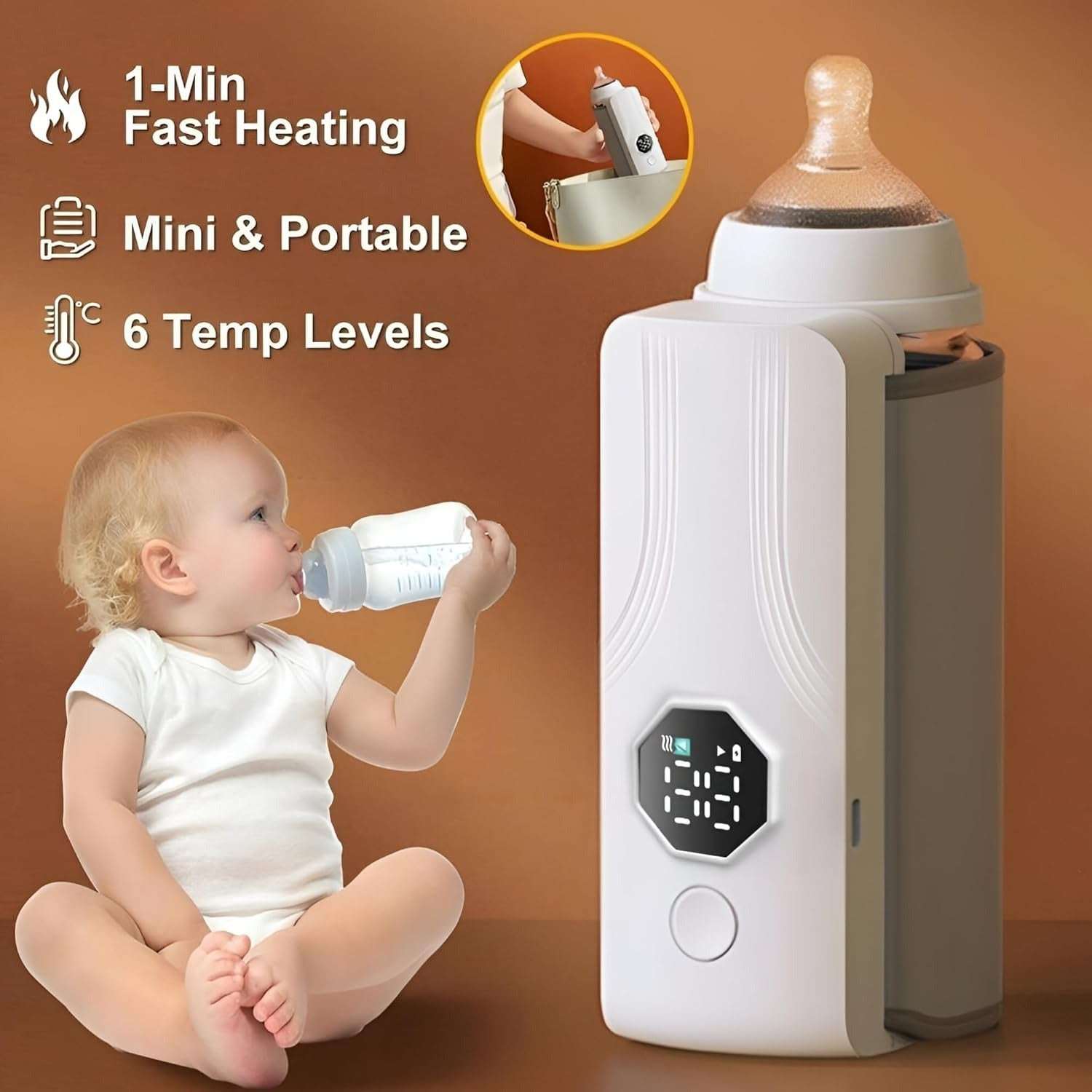 Baby Bottle Warmer with LCD Display, Portable Rechargeable Wireless Water Bottle Warmer