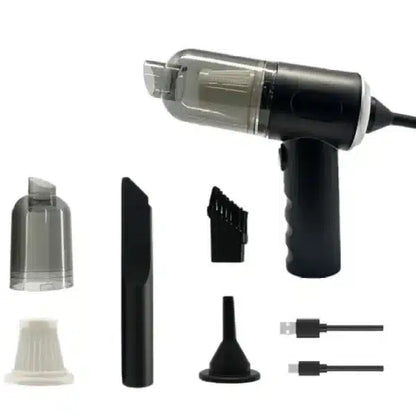 Black handheld vacuum cleaner with various attachments on a white background | Shaz&Shine