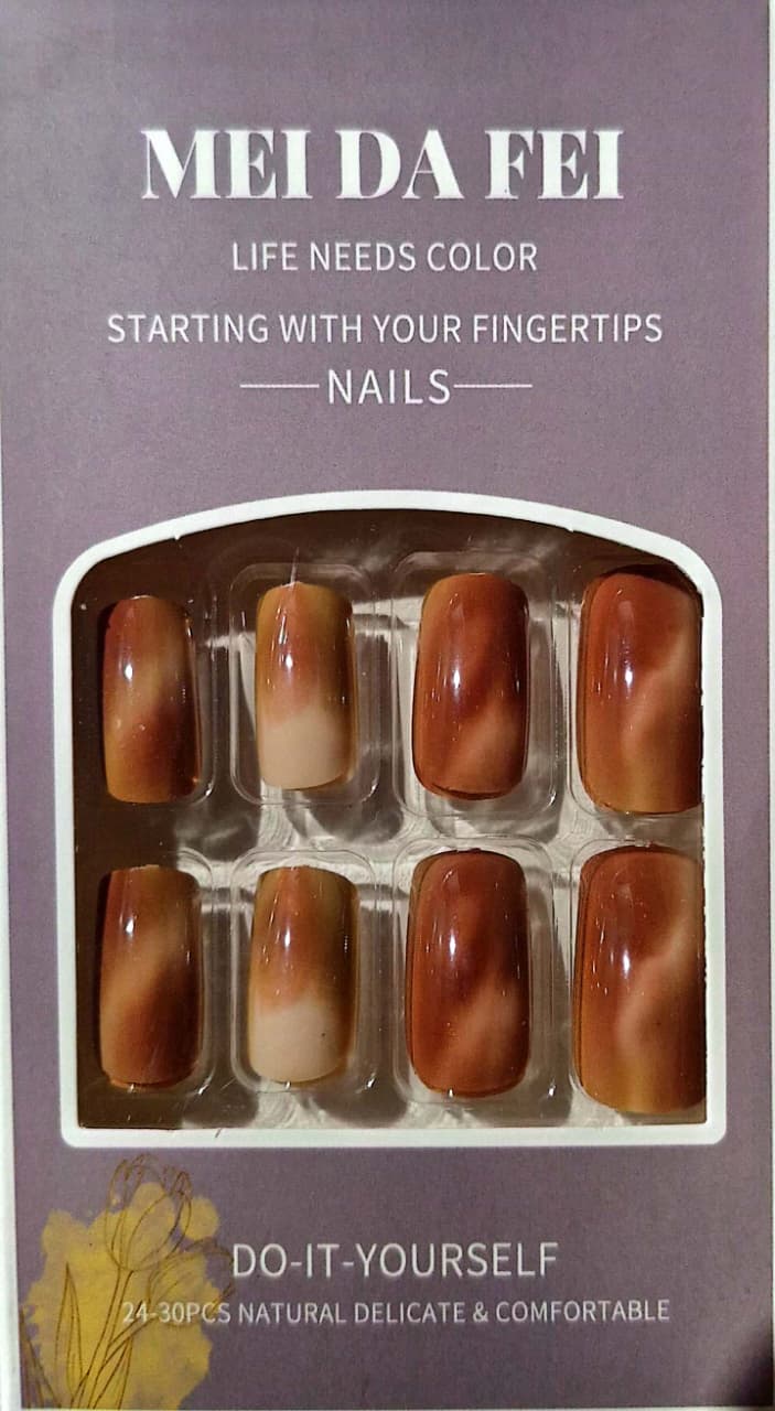 Brown Press-On Nails Set – Glossy Floral Design Artificial Nails for DIY Manicure