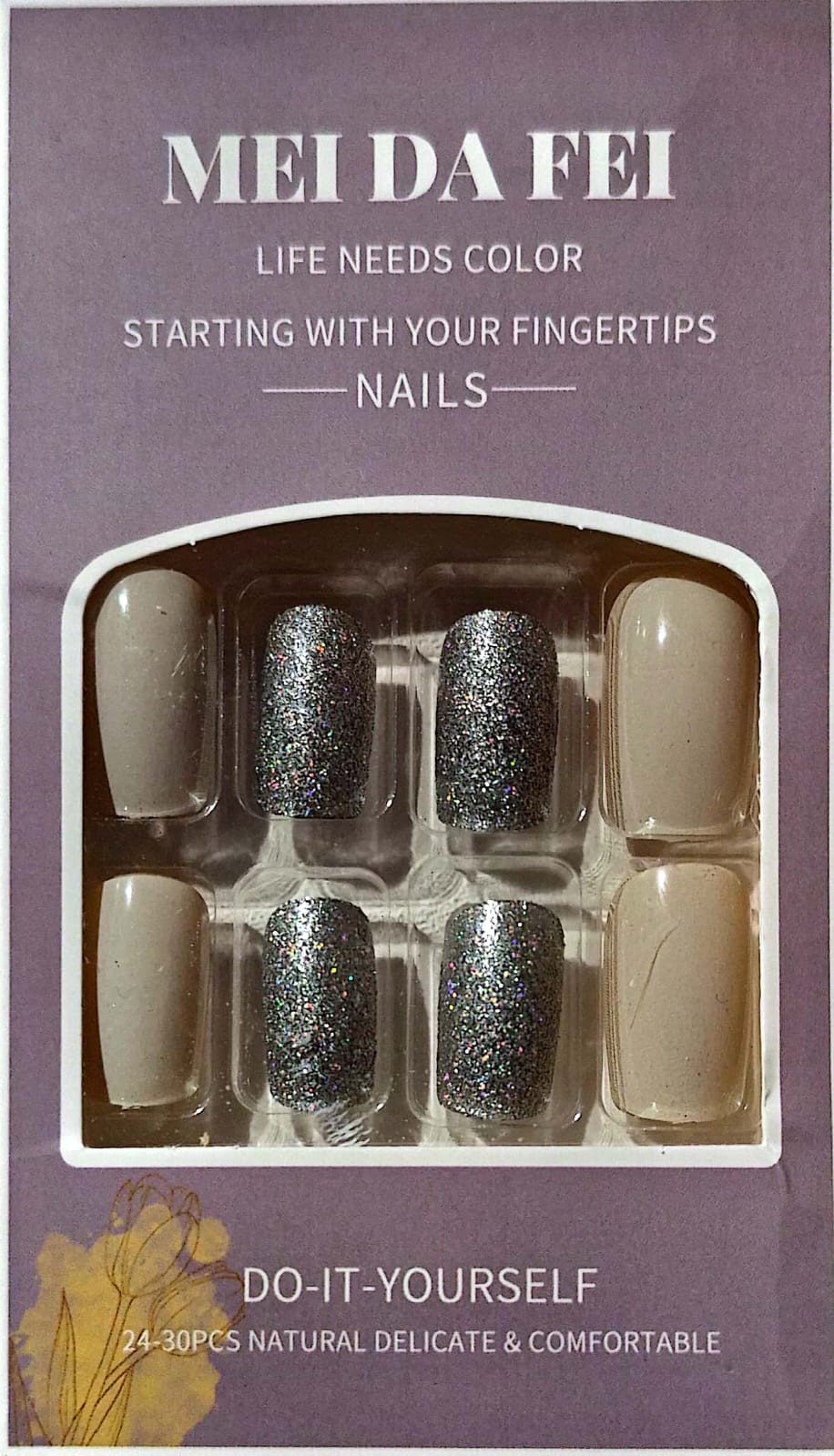 Cream and Silver Press-On Nails Set – Glossy Floral Design Artificial Nails for DIY Manicure