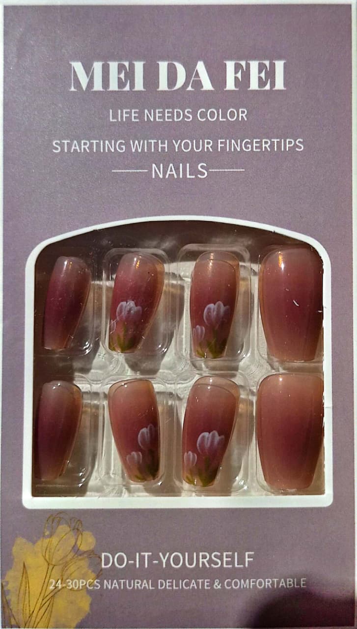 Burgendy Floral Press-On Nails Set – Glossy Floral Design Artificial Nails for DIY Manicure