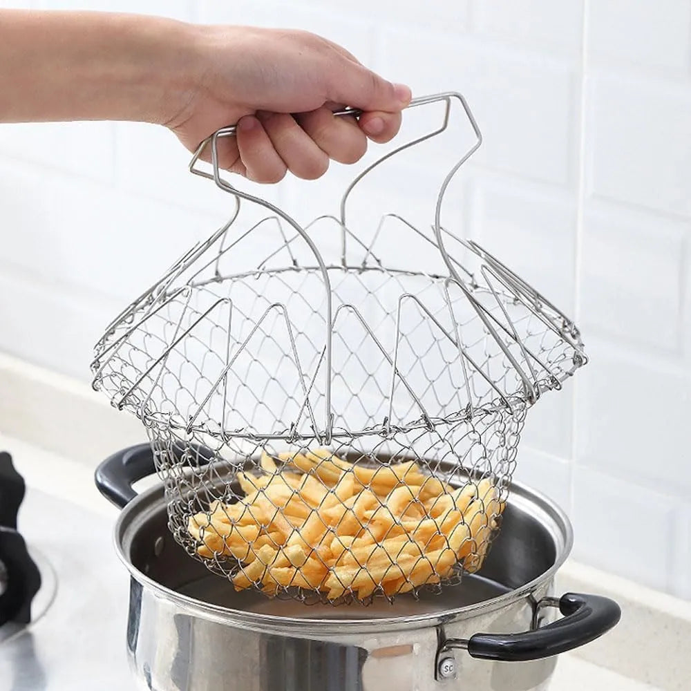 Using foldable chef basket to steam fresh vegetables