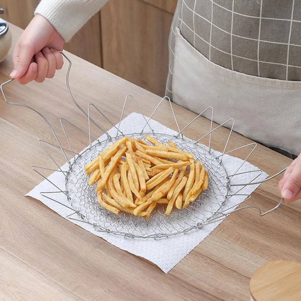 Multi-purpose stainless steel basket draining cooked pasta easily