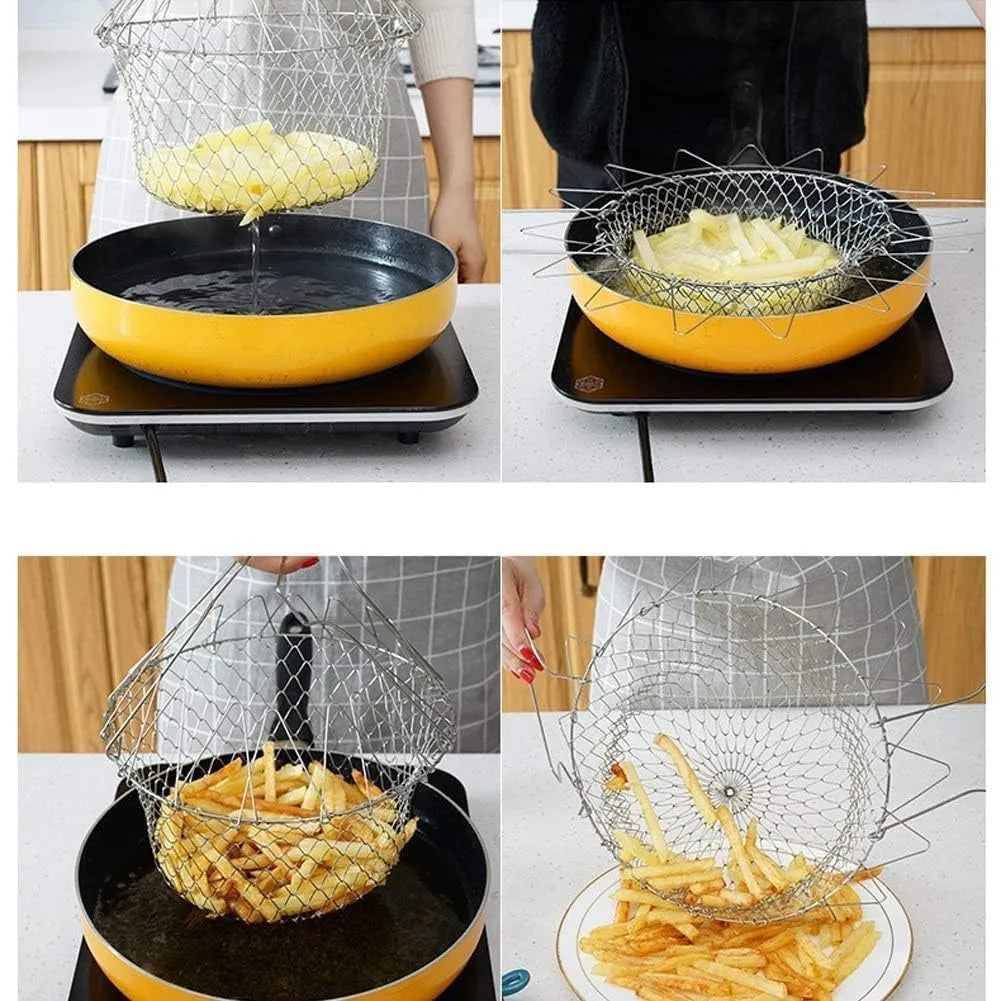 Stainless steel foldable chef basket safe for dishwasher cleaning