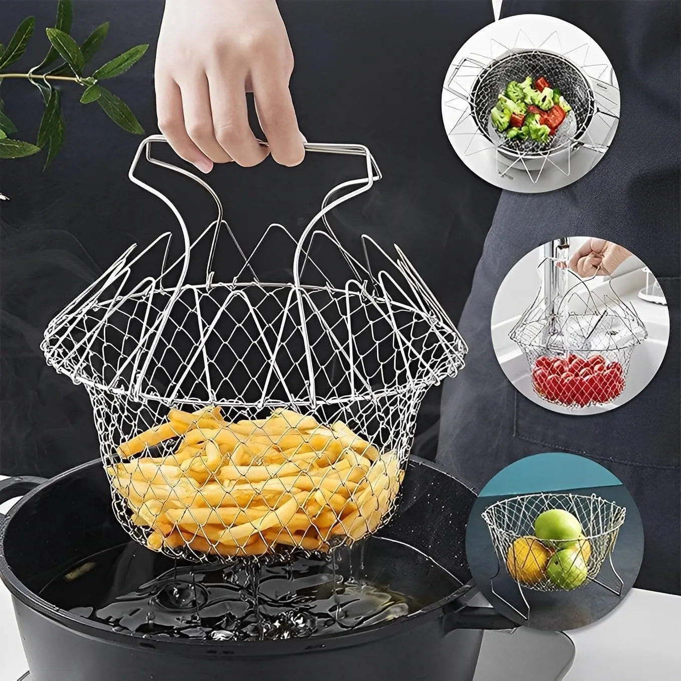 Stainless Steel Foldable Chef Basket 12-in-1 Multi-Purpose Kitchen Tool