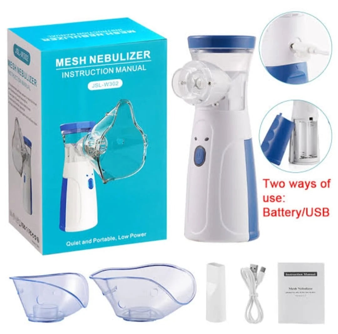 Mesh Nebulizer with packaging, accessories, and usage instructions on a white background