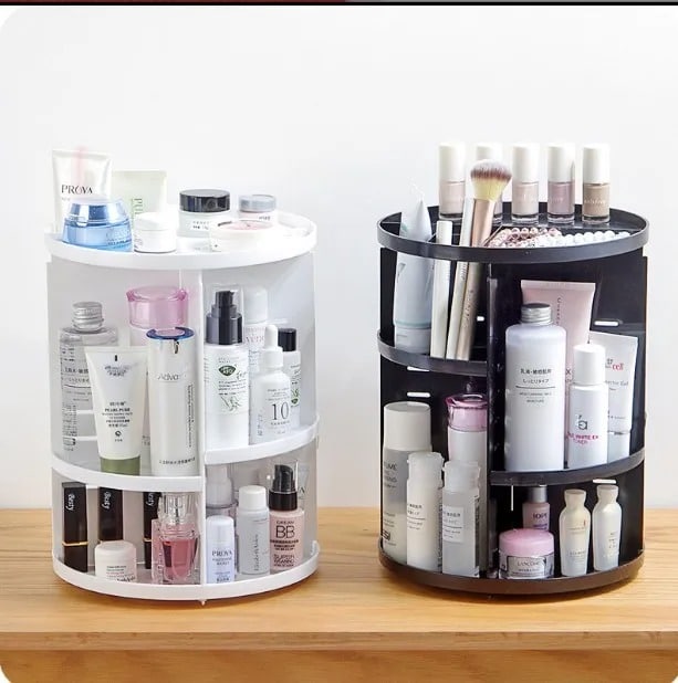 rotating cosmetic organizer with adjustable shelves