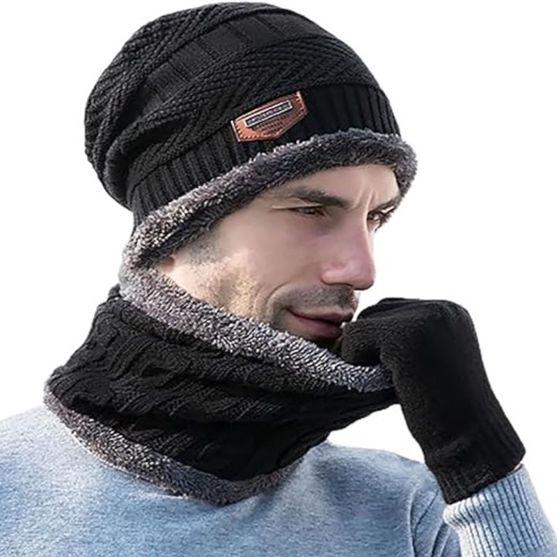 Black and grey winter cap and neck warmer set windproof design