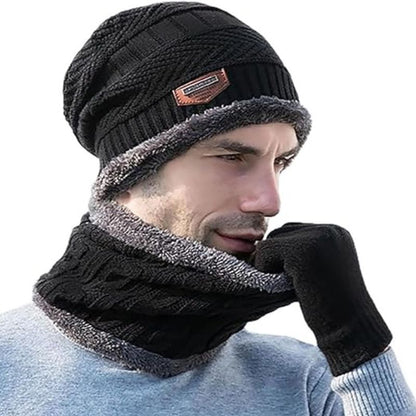 Black and grey winter cap and neck warmer set windproof design
