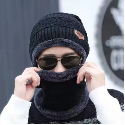 Winter wool cap with neck warmer set for men and women