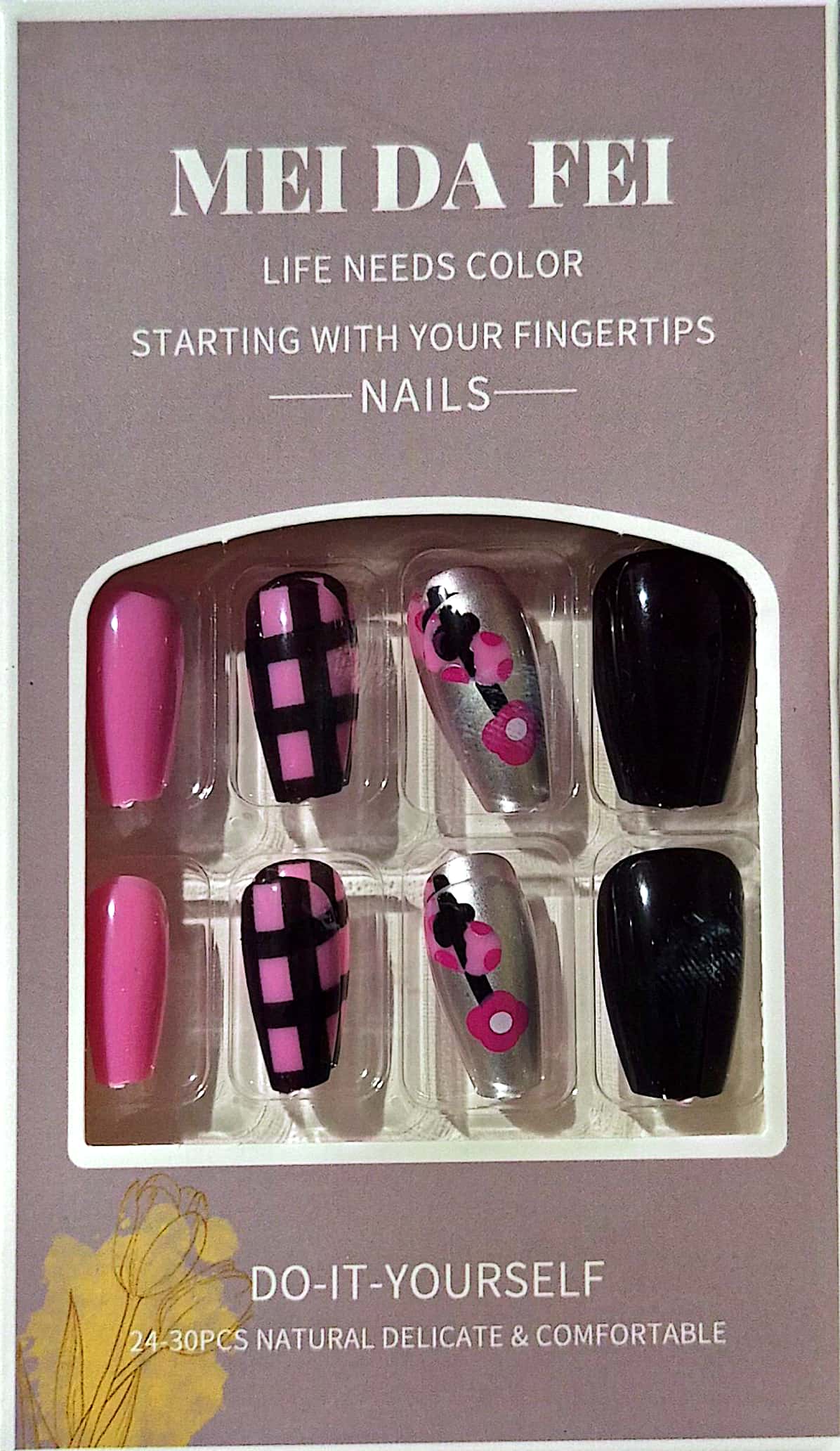 Pink and Black Press-On Nails Set – Glossy Floral Design Artificial Nails for DIY Manicure